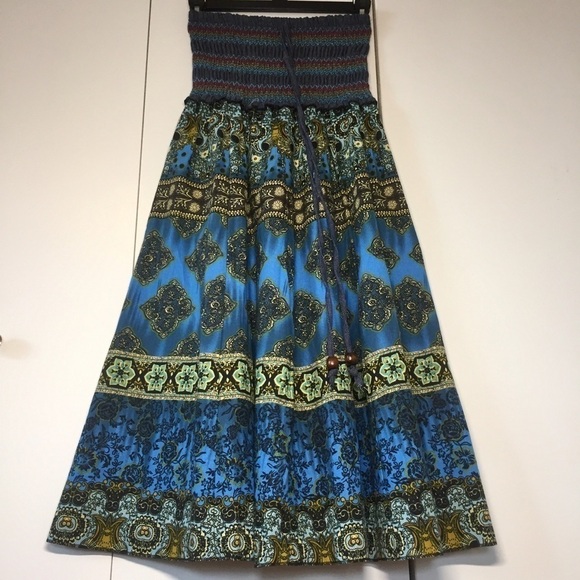 Boho Syle floral blue skater midi Smoked Skirt - Picture 1 of 16